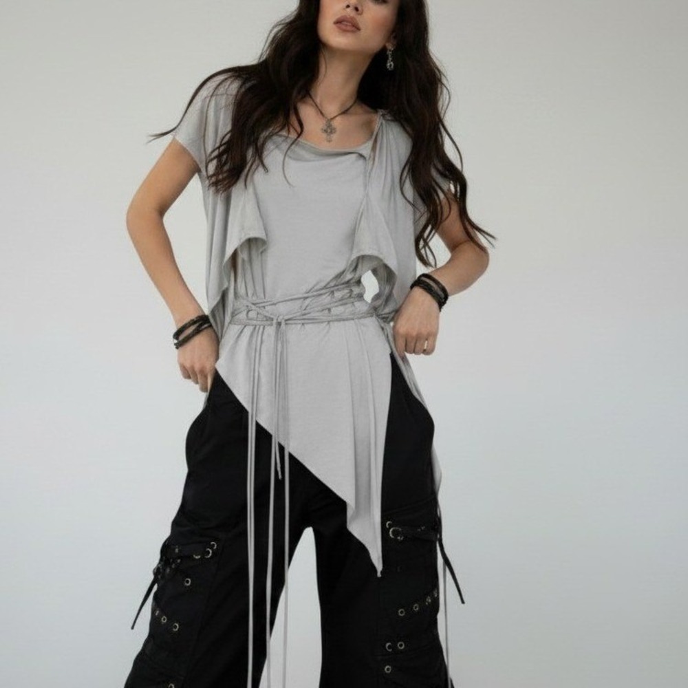 Darker Wavs Dolls Kill Grey Asymmetrical Multi Tie Wrap Top Size XS NEW Grunge